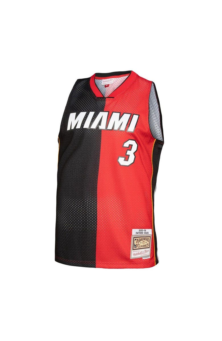 Mitchell & Ness Men's Mitchell & Ness Dwyane Wade Black/Red Miami Heat Hardwood Classics 2005/06 Split Swingman Jersey, Alternate, color, 