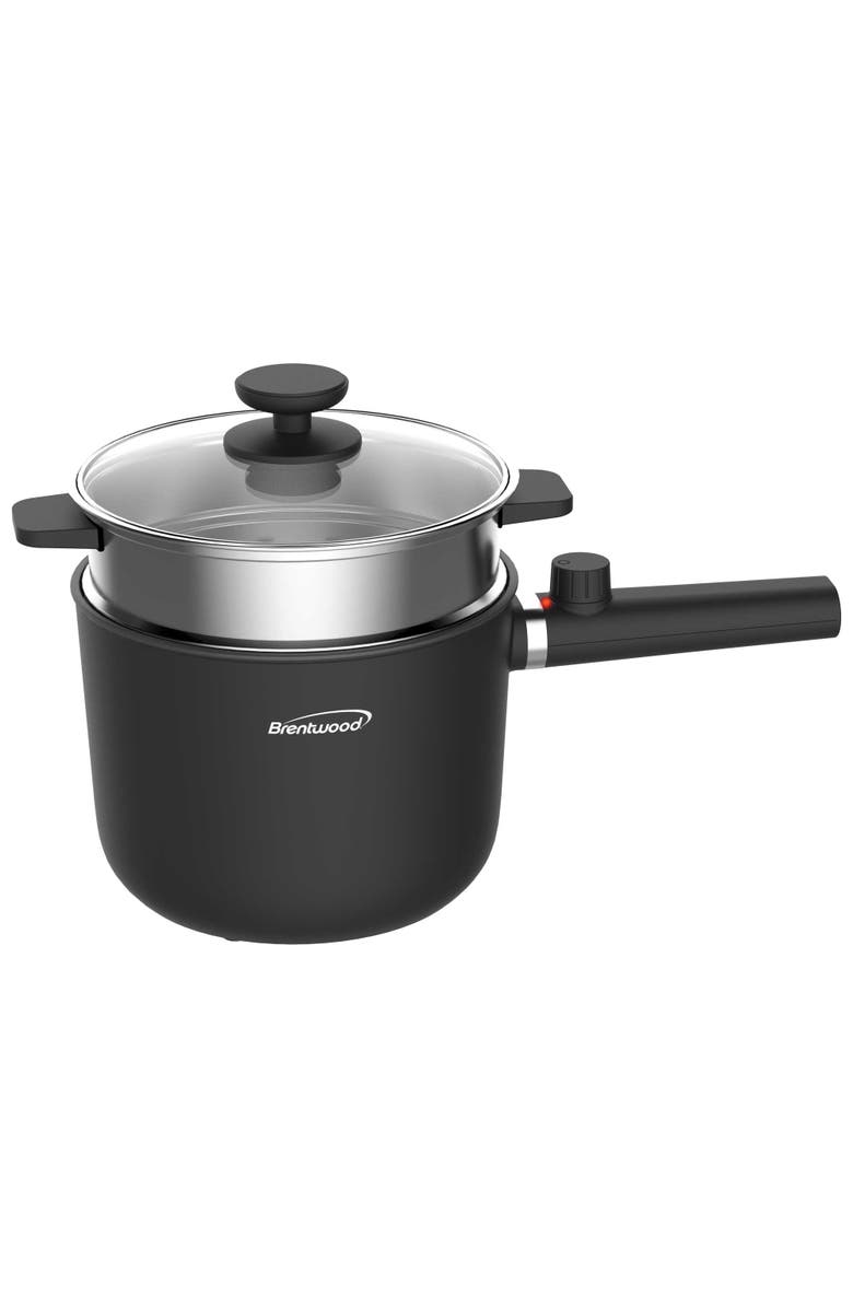 Brentwood Multi-Function Electric Hot Pot Cooker with Ceramic Non-Stick Ceramic Coating and Stainless-Steel Food Steamer, Main, color, Black