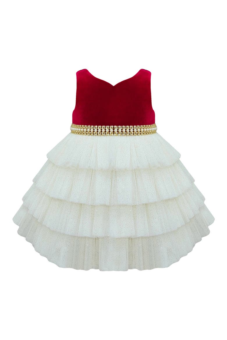 Velvet & Tiered Tulle Dress, Main, color, RUBYRDCNDL