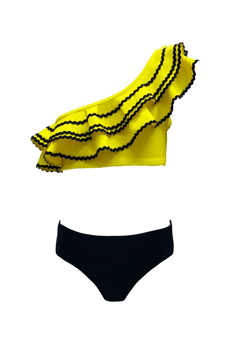 Ruffle Ric-Rac Trim One-Shoulder Two Piece Bikini, Toddler-Little Kid & Big Kid, Main, color, Yellow-Black
