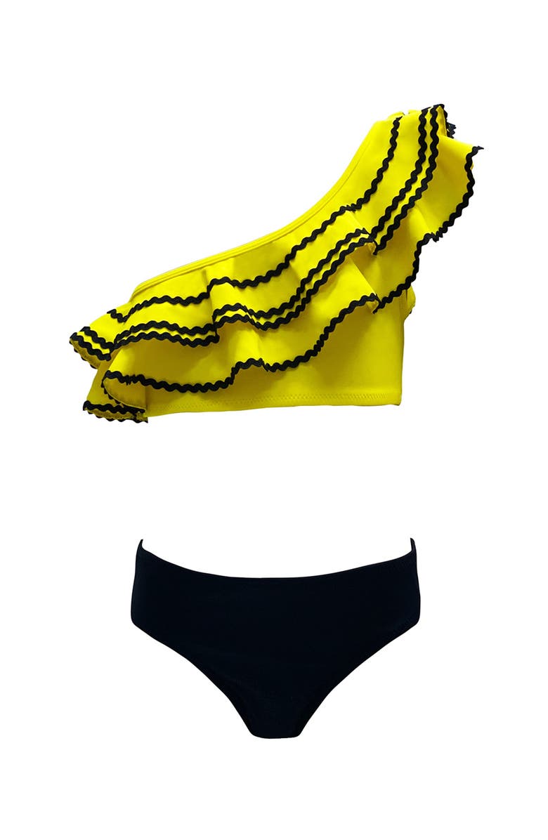 NESSI BYRD Ruffle Ric-Rac Trim One-Shoulder Two Piece Bikini, Toddler-Little Kid & Big Kid, Main, color, Yellow-Black