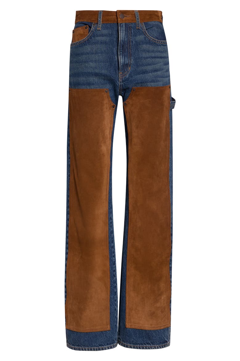 Dylan High Waist Suede Trim Straight Leg Jeans, Alternate, color, EQUINOX BLUE