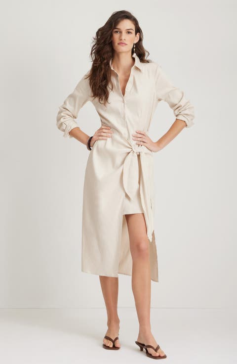 Long Sleeve Stretch Linen Blend Faux Wrap Shirtdress