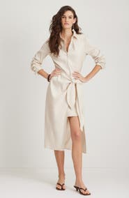 Nordstrom Long Sleeve Stretch Linen Blend Faux Wrap Shirtdress
