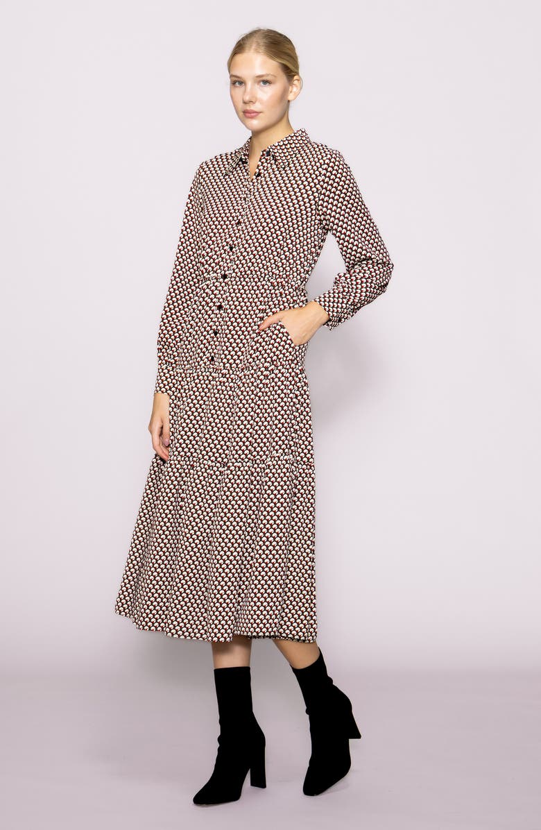 MELLODAY Tiered Long Sleeve Shirtdress, Alternate, color, Multi Red