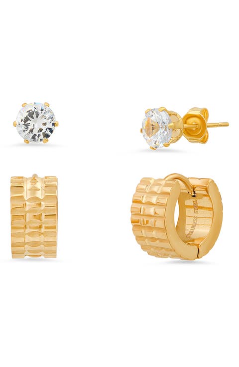 Set of 2 CZ Stud & Huggie Earrings