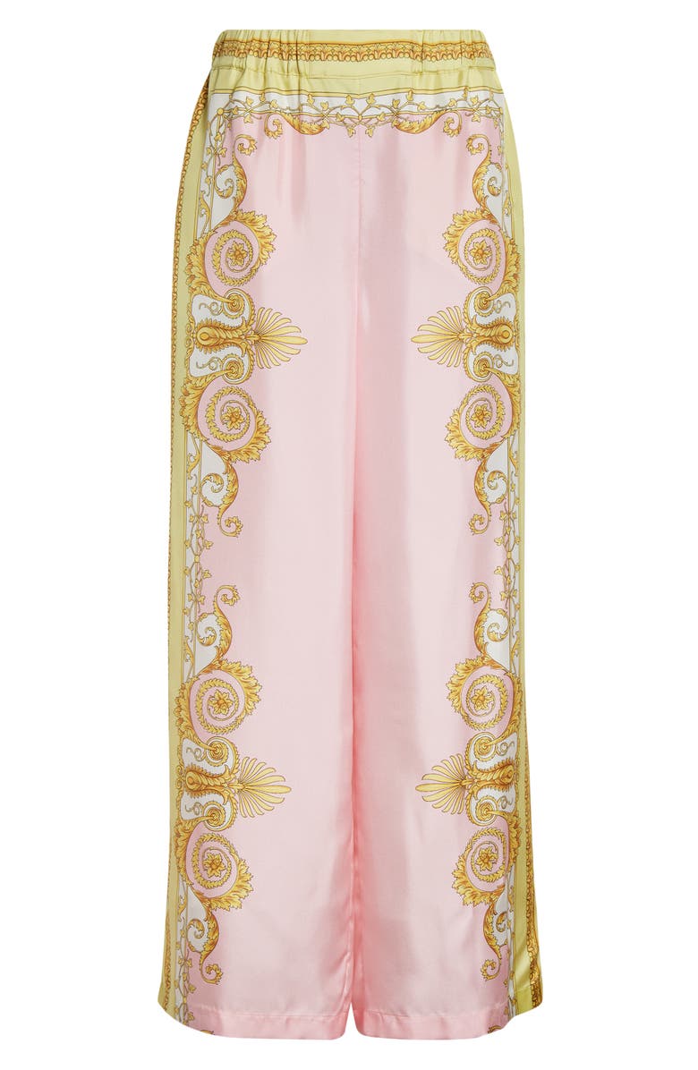 Versace Barocco Print Wide Leg Silk Twill Pants, Alternate, color, Pale Yellow Rose Quartz