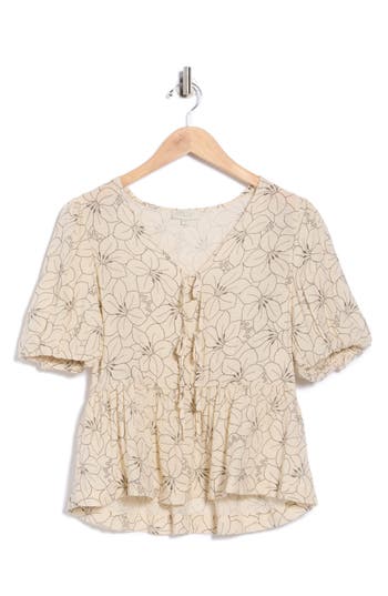 Chenault Print Tie Front Puff Sleeve Top In Neutral