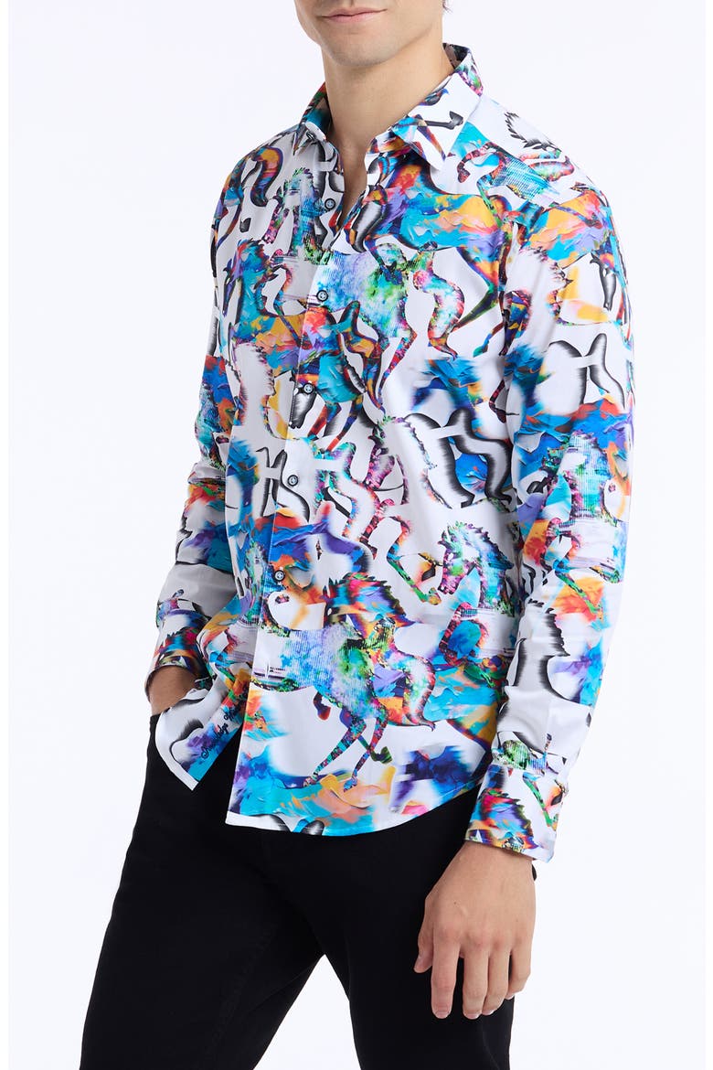 Mane Event Stretch Cotton Button-Up Shirt, Alternate, color, BLUE MULTI