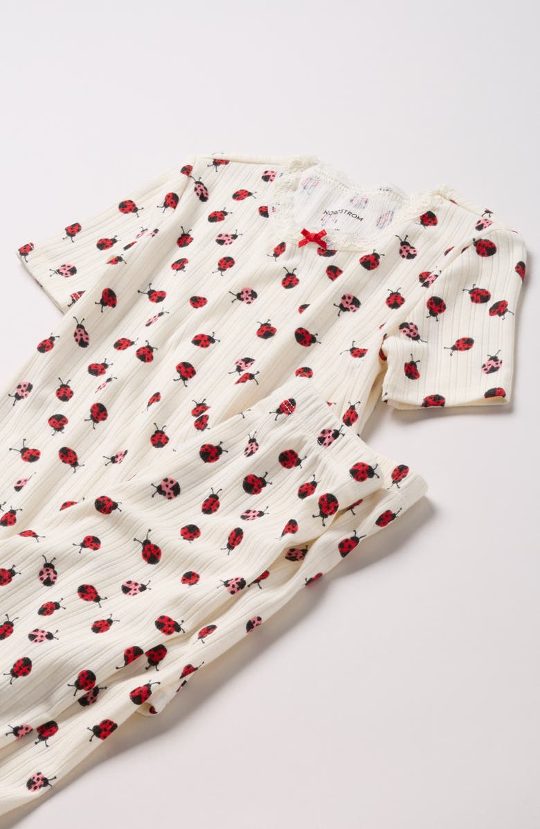 Nordstrom Kids' Print Fitted Pajamas, Alternate, color, Ivory Egret Lady Bugs