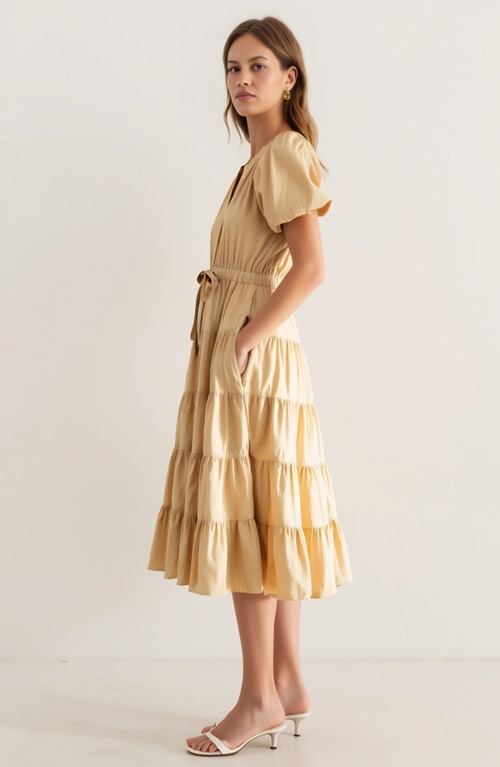 Modenaire Tiered Midi Dress With Puff Sleeves And Tie Waist In Yellow