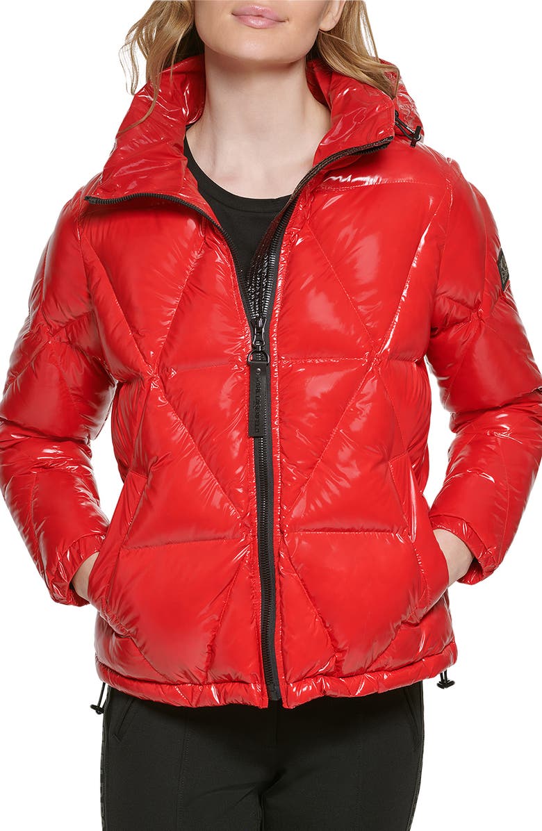 KARL LAGERFELD PARIS Water Resistant Down & Feather Fill Short Hooded Puffer Coat, Main, color, Scarlet