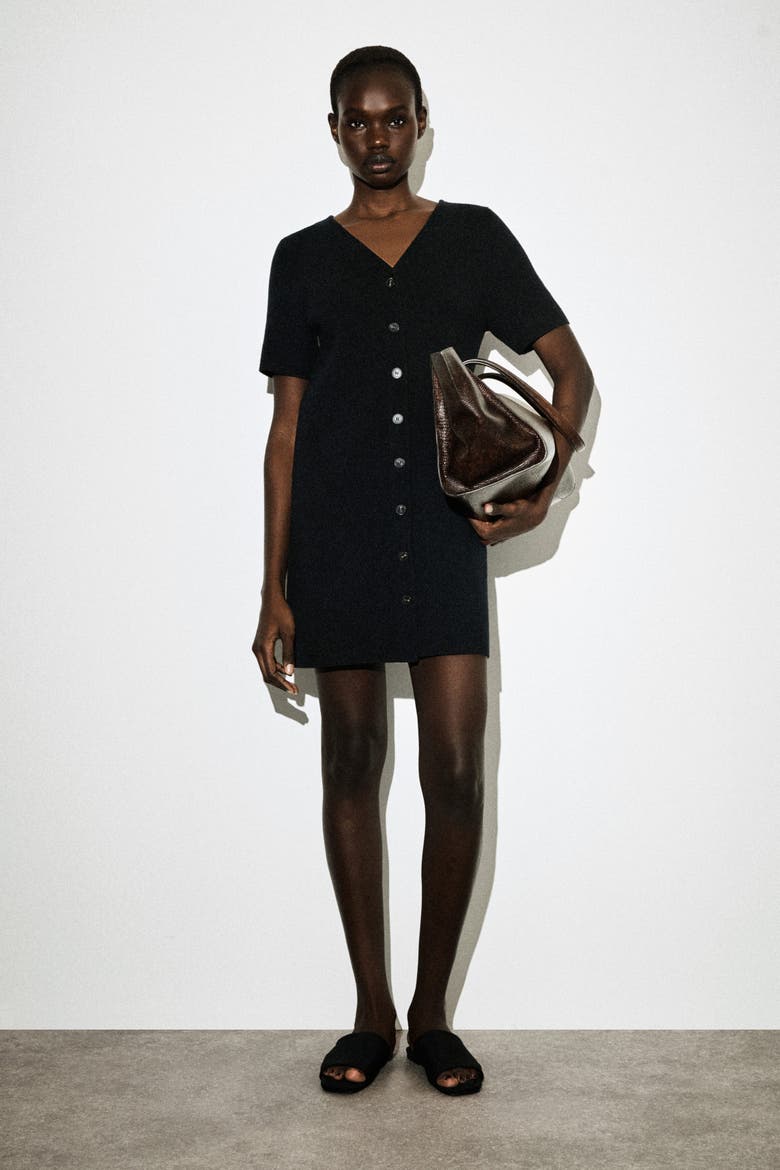 Buttoned Milano-knit Mini Dress, Main, color, BLACK