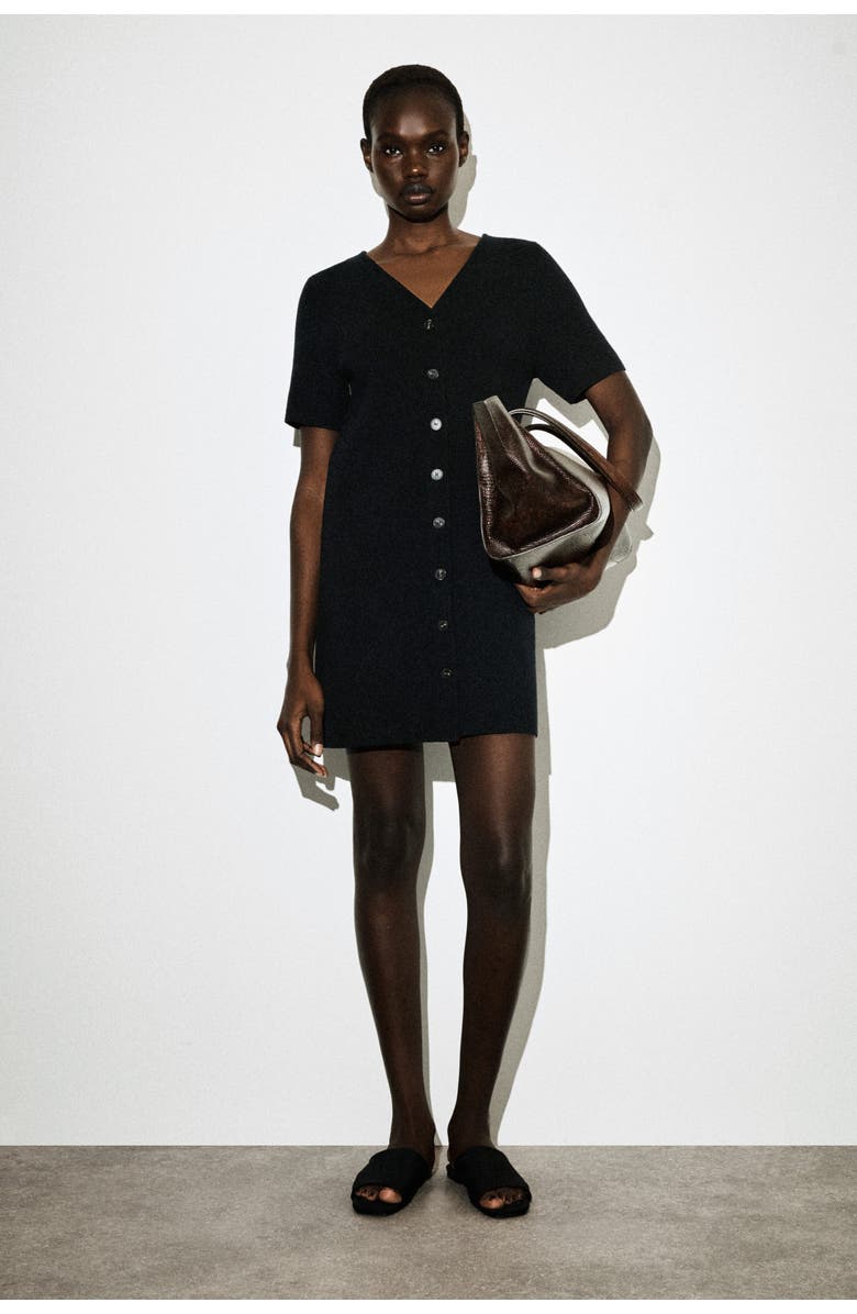 COS Buttoned Milano-knit Mini Dress, Main, color, Black