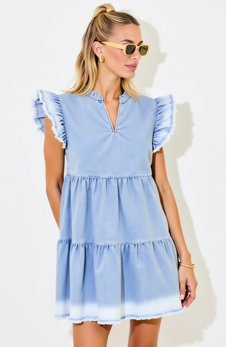 Modenaire Tiered Denim Ruffle-Sleeve Frayed-Hem Mini Dress, Alternate, color, Light Blue Denim