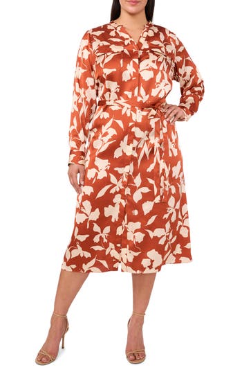 Halogen ® Print Tie Waist Midi Shirtdress In Brown