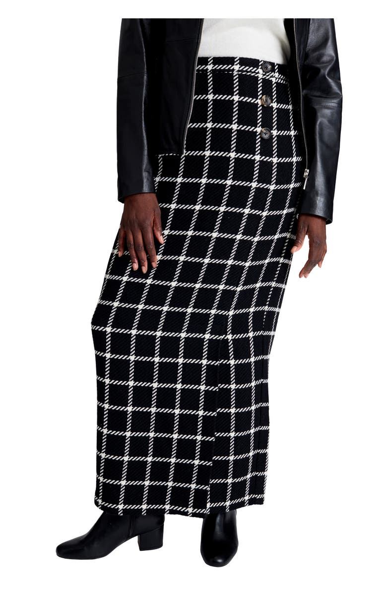 Jessica London Side-Button Wool Skirt, Main, color, Black Ivory Windowpane