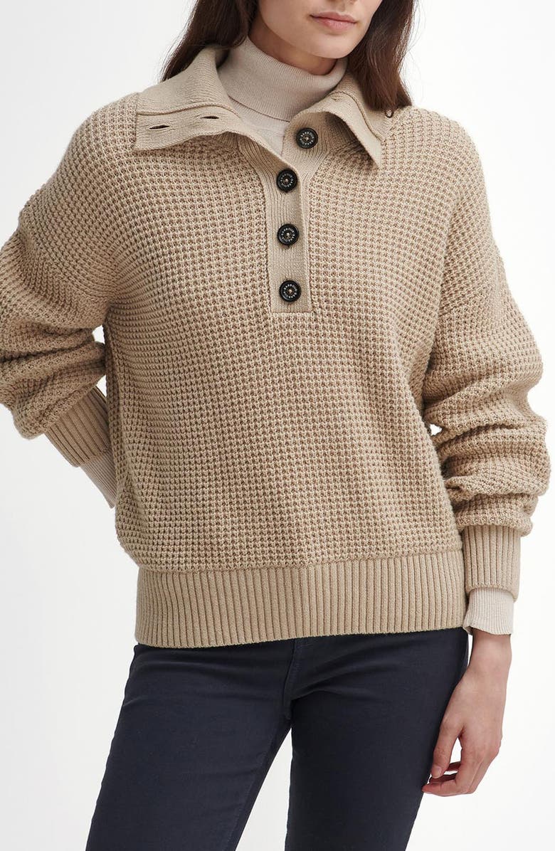 Barbour Woodside Long Sleeve Waffle Knit Cotton & Wool Polo Sweater, Main, color, Oatmeal