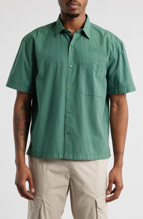Windowpane Check Short Sleeve Cotton Button-Up Shirt