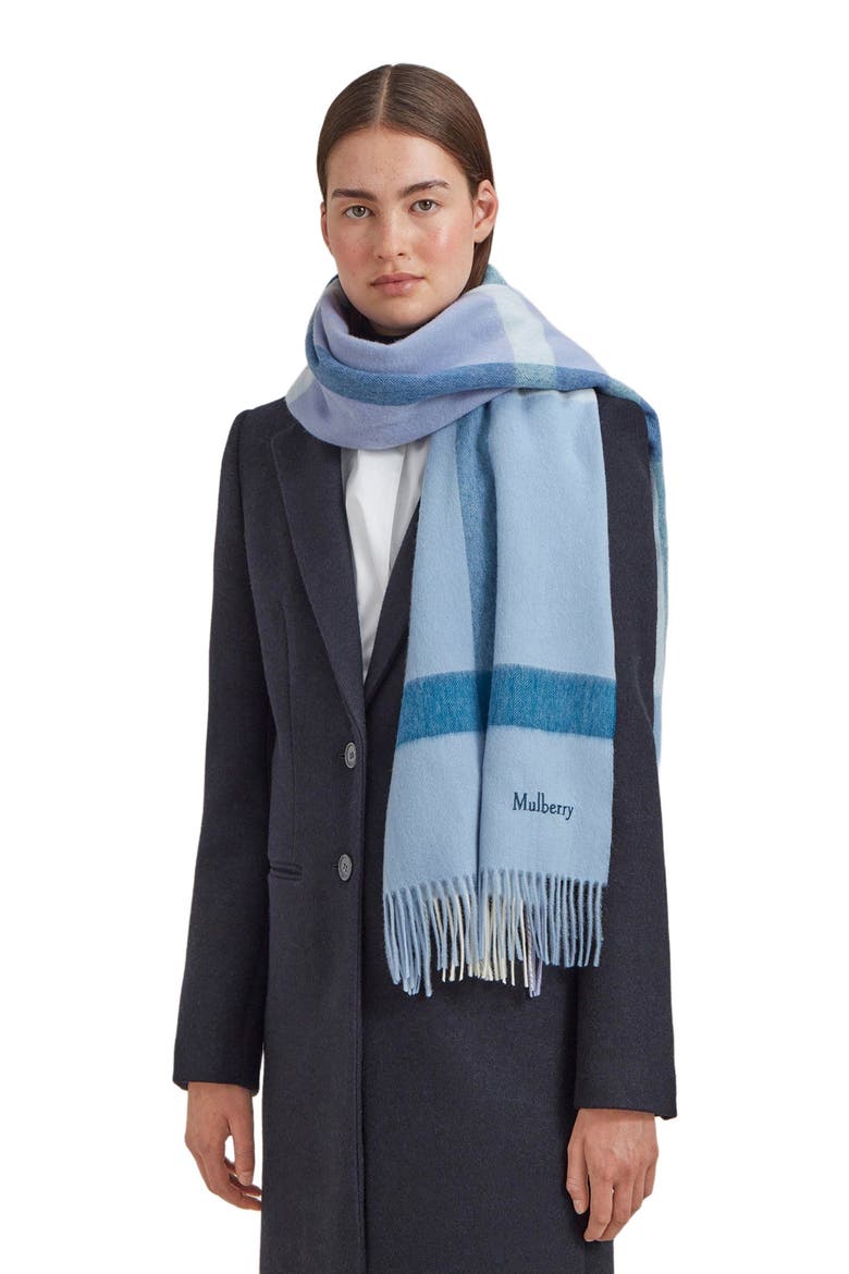 Large Check Merino Wool Scarf, Alternate, color, Poplin Blue-White