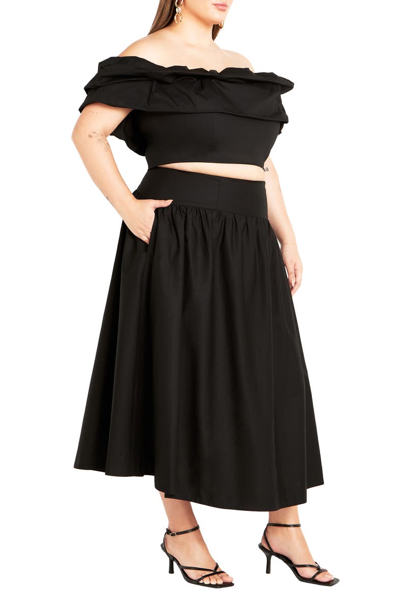 Kaia Off the Shoulder Crop Top & Maxi Skirt, Alternate, color, BLACK