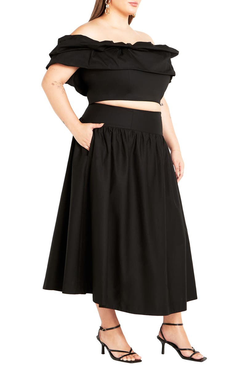 City Chic Kaia Off the Shoulder Crop Top & Maxi Skirt, Alternate, color, Black