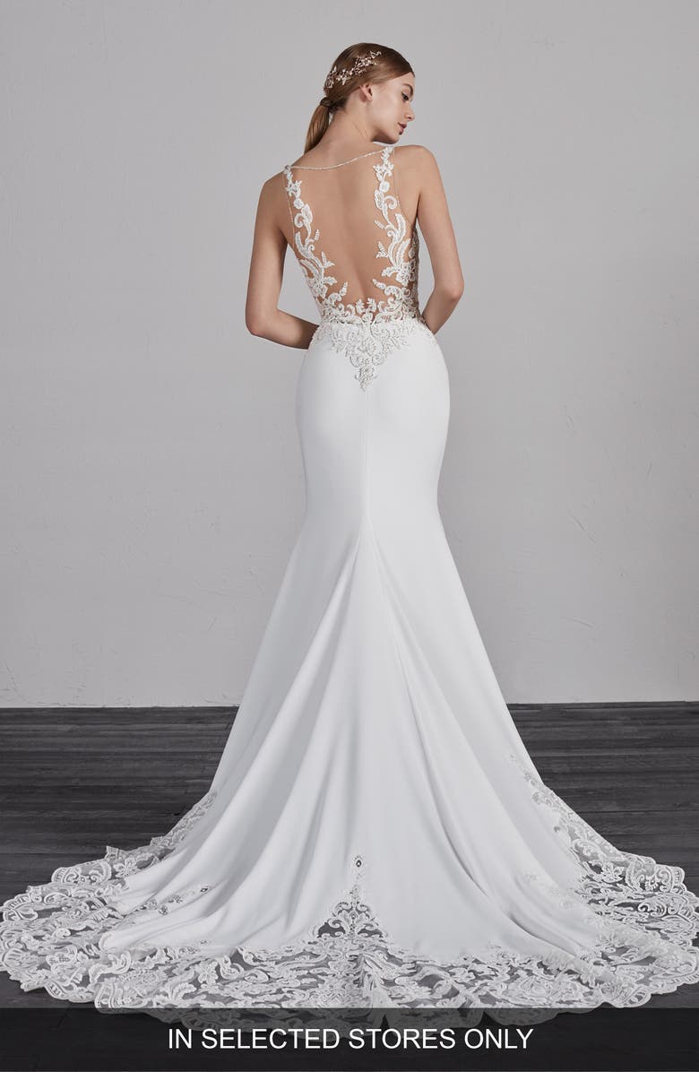 Pronovias Erandi Lace & Crepe Trumpet Wedding Dress, Alternate, color,