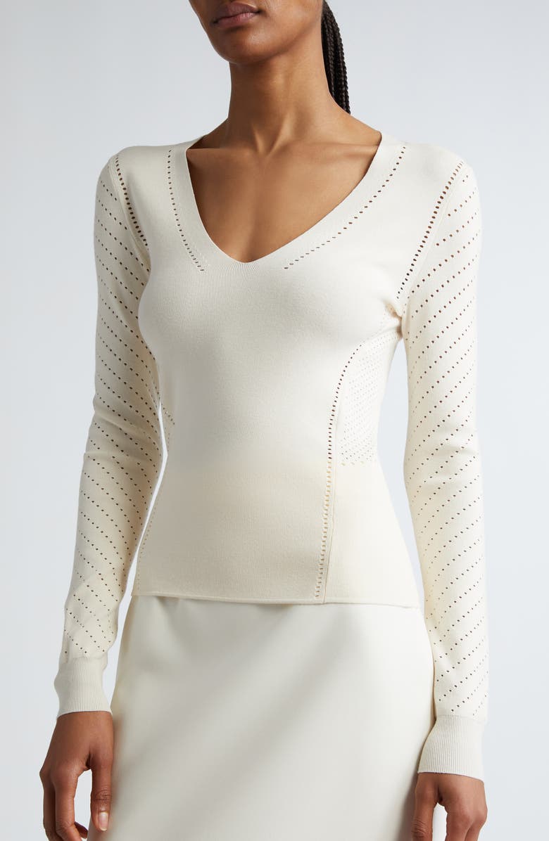 Max Mara Nadar V-Neck Pointelle Stitch Sweater, Alternate, color, 