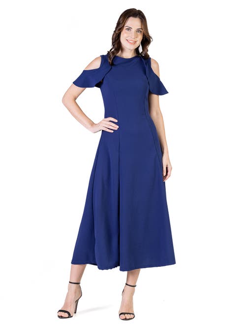 24seven Comfort Apparel Plus Size Ruffle Cold Shoulder A Line Maxi Dress In Blue