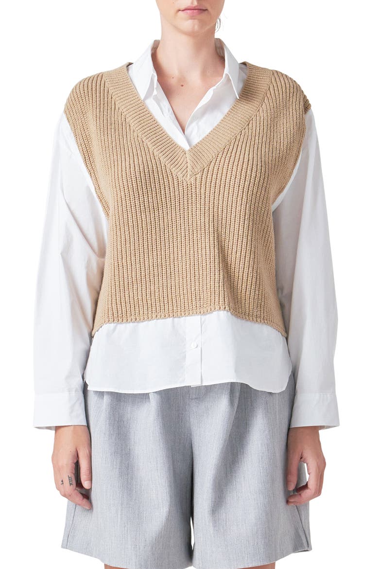 Layered Look Sweater & Shirt, Main, color, TAN/WHITE
