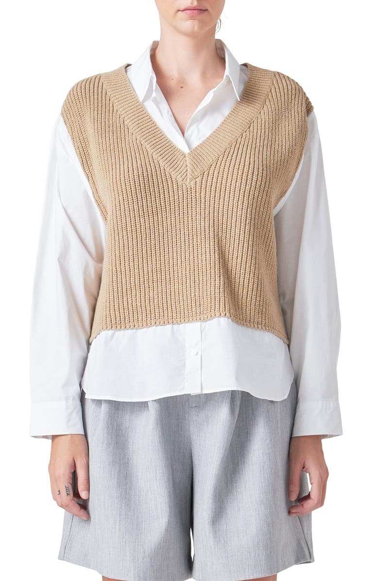 Grey Lab Layered Look Sweater & Shirt, Main, color, Tan/White