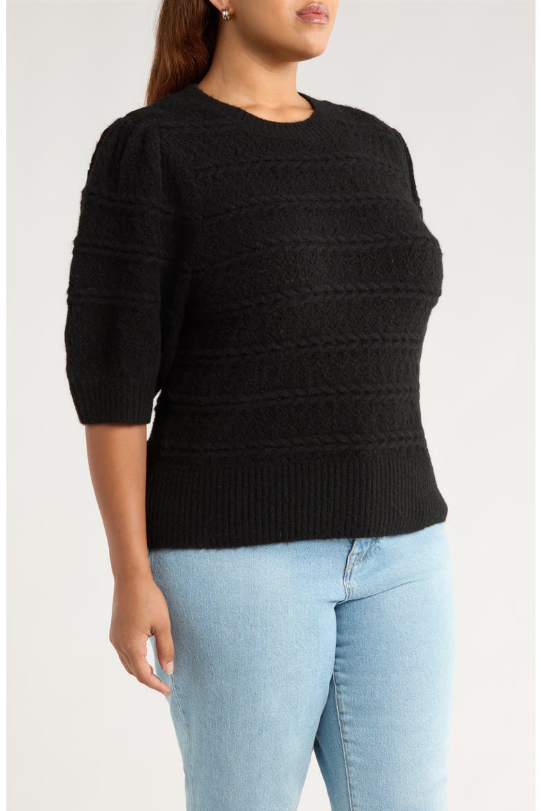 Puff Sleeve Cable Stitch Sweater, Alternate, color, BLACK