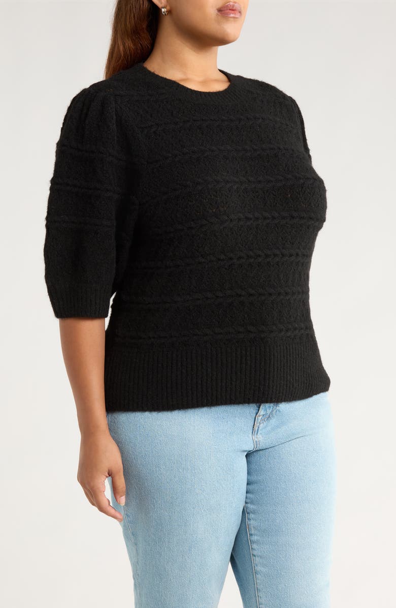 Treasure & Bond Puff Sleeve Cable Stitch Sweater, Alternate, color, Black