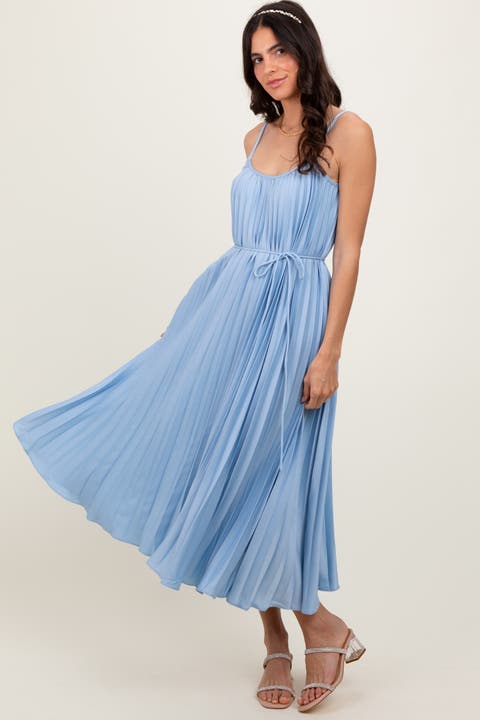 Pleated Sash Tie Midi Dress