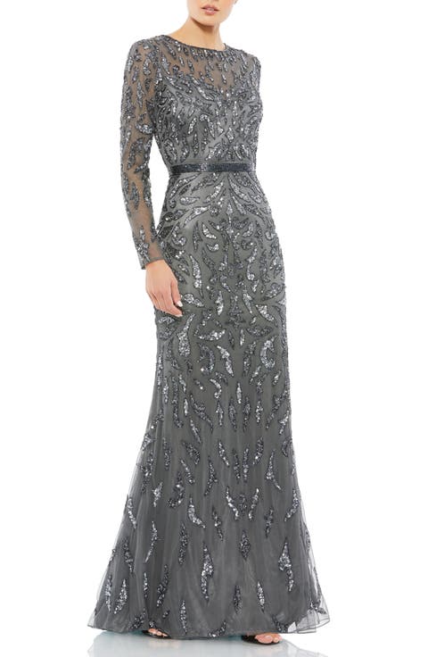 Abstract Beaded Long Sleeve Evening Gown
