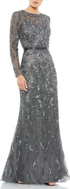 Mac Duggal Abstract Beaded Long Sleeve Evening Gown