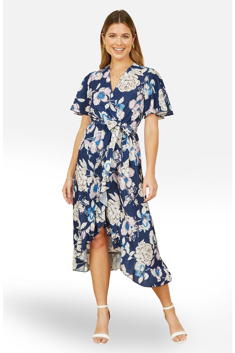Floral Midi Wrap Dress, Main, color, Navy
