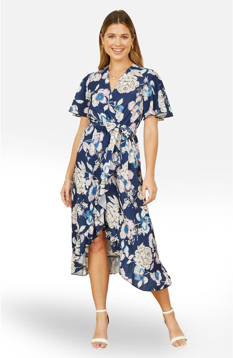 Yumi Floral Midi Wrap Dress, Main, color, Navy