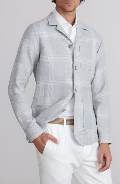 Dobby Check Camp Collar Linen & Silk Blend Shirt Jacket