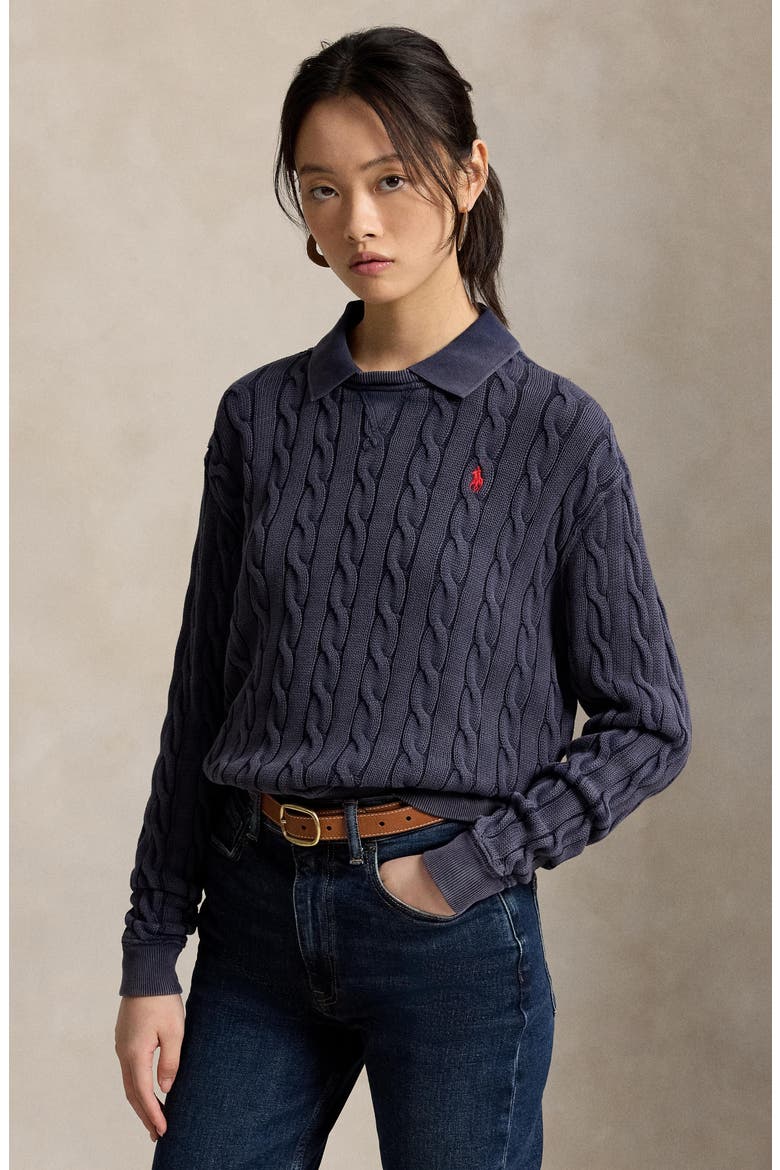 Cable Knit Polo Sweater, Alternate, color, BLUE