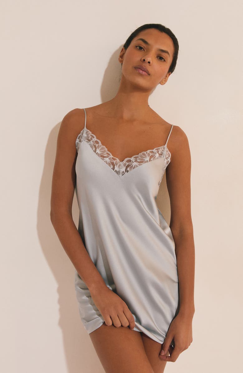 Etam Naeve Lace Trim Satin Chemise, Alternate, color, Oxygen