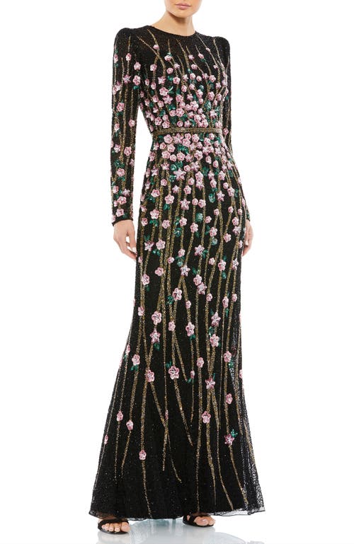MAC DUGGAL MAC DUGGAL FLORAL EMBELLISHED MESH GOWN WITH HIGH NECK & SHEER LONG SLEEVES 