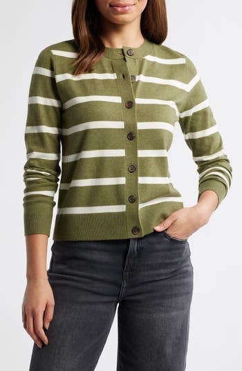 Caslon ® Classic Crewneck Cardigan In Olive- Ivory Renee Stripe