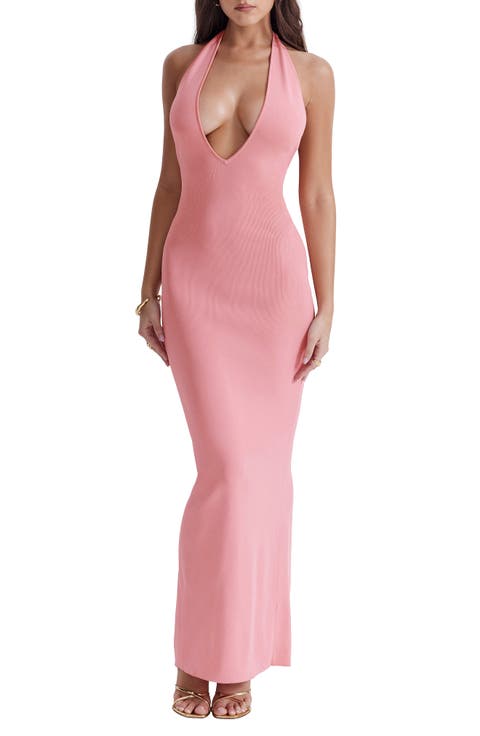 Camelia Plunge Halter Neck Rib Maxi Dress