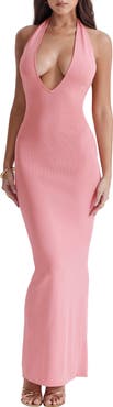 HOUSE OF CB Camelia Plunge Halter Neck Rib Maxi Dress