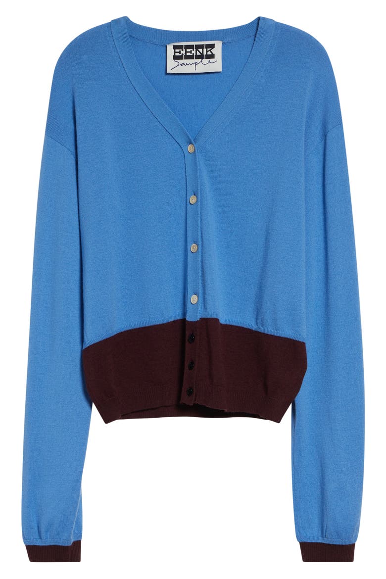 Colorblock Wool V-Neck Cardigan, Alternate, color, BLUE