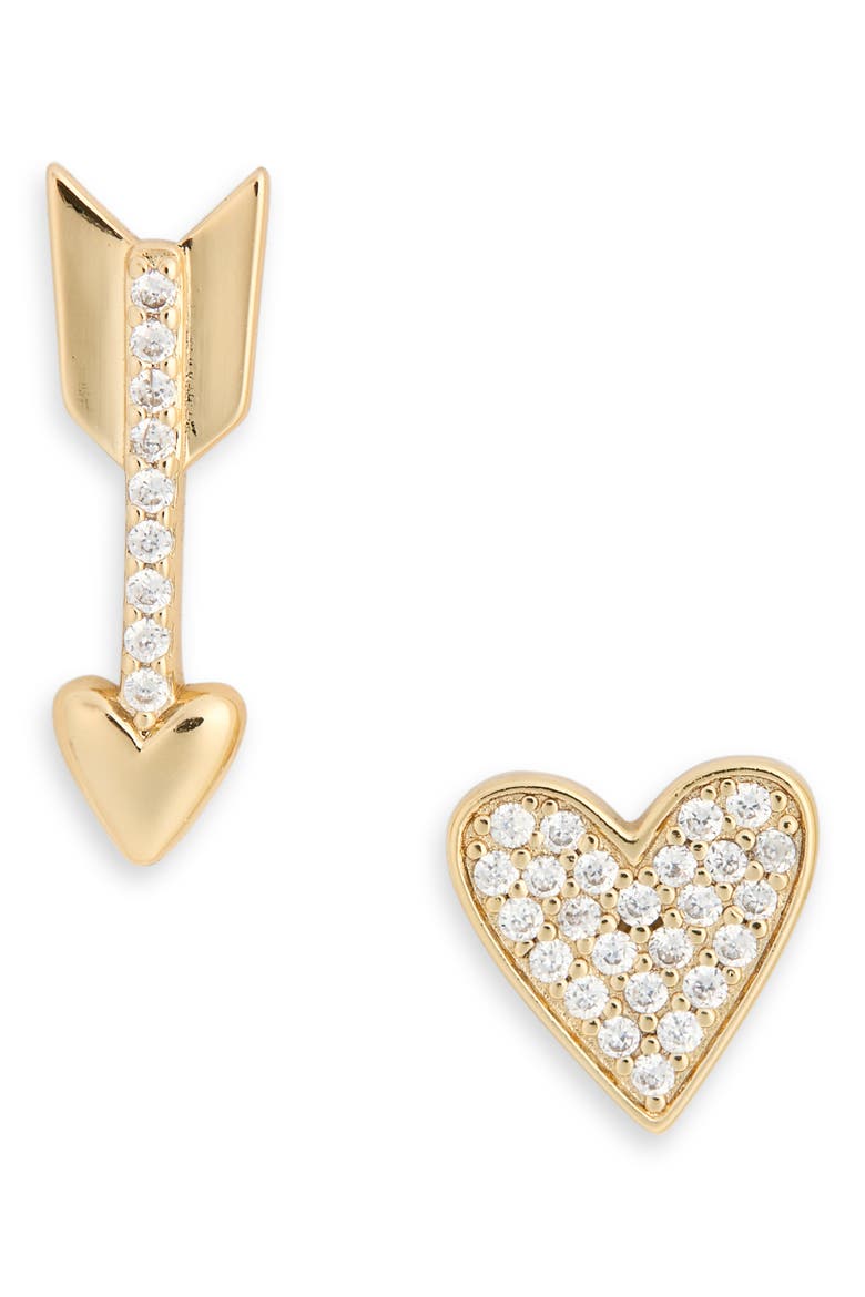 Cubic Zirconia Asymmetrical Heart Stud Earrings, Alternate, color, CLEAR/ GOLD