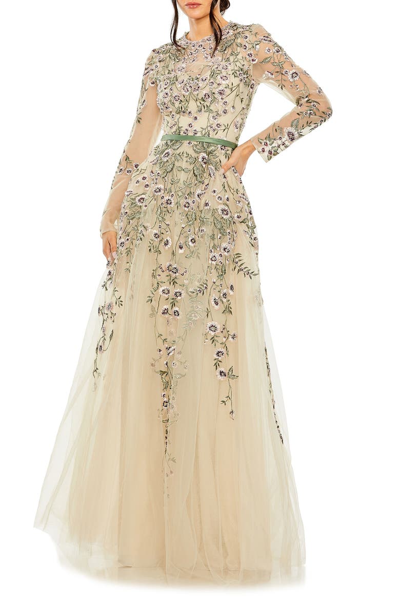 Long Sleeve Embellished Gown, Main, color, SAGE MULTI