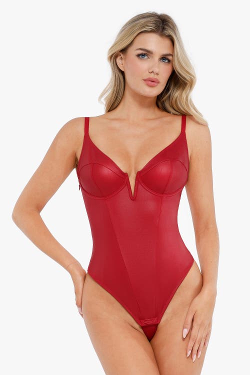 Popilush Shapewear Faux Leather Plunging V Sculpting Corset Bodysuit In Brick