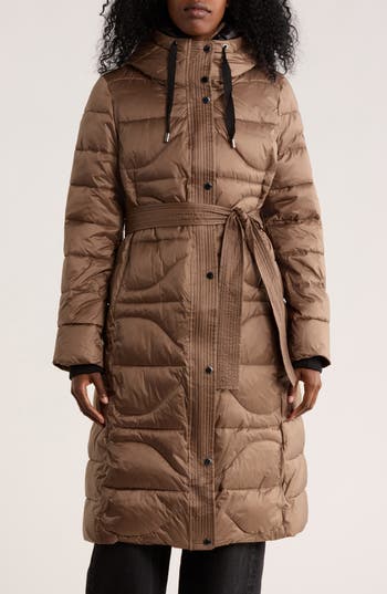 Vince Camuto Belted Maxi Puffer Jacket In Brown